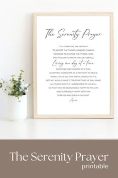 the serenity prayer printable is displayed next to a potted plant