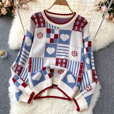 Cute knitted long sleeve sweaterFabric: blendedColor: blue, whiteSize(cm): free sizelength 60 bust 100 waist 96 sleeve length 53 Knitted Long Sleeve, Sweater Fabric, Long Sleeve Knit Sweaters, Sweater And Shorts, Long Sleeve Knit, Sleeve Sweater, Long Sleeve Sweater, Free Size, Christmas Sweaters