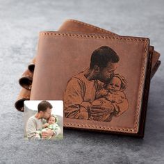 "This leather wallet is engraved with the image of your loved ones or your family on the front, making perfect as gifts for dad on Father's day or a special day. You can engrave a custom message (15-20) on the inside (if any) ► MORE ∙ P E R S O N A L I Z A T I O N Add more personal touch to your gifts with a Custom Aluminum Wallet Insert Card from this listing: https://etsy.me/3jow1SI The perfect gift combo that the recipient is sure to cherish for years to come. ► P R O D U C T ∙ I N F O * Word limit: up to 20 words on the inside * Materials: Genuine cowhide leather * Dimensions: 4 3/8\" x 3 1/2\" x 5/8\" (11x9x1.5 cm) * Features:  - 1 money slot  - 5 card slots  - 2 hidden slots Please keep the leather away from sweat. In order for the photo on the leather to remain alive for a long time First Time Dad Gifts, Wallet Insert Card, Unique Gifts For Dad, First Time Dad, Personalized Leather Wallet, First Fathers Day Gifts, Christmas Gift For Dad, Personalized Wallet, Gifts For New Dads