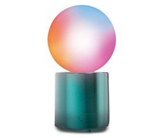 a bluetooth speaker with a multicolored ball on it's top sitting on a stand