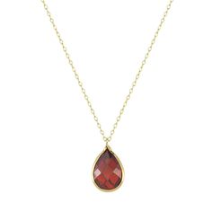 "This a pear-shaped 14k gold ruby pendant necklace sits on a dainty cable chain that lays below the collarbone. Subtle and simple, this beautiful precious stone necklace is perfect by itself or for layering with other necklaces. Dainty and minimal ruby necklace is the birthstone for July. The length of the necklace can be adjusted to either 14\" or 18\" to suit individual preference. Bracelet Features ✅ Gold Kt: 14K ✅ Weight: 1.00 gr (approximate) ✅ Pendant Width: 6 mm ✅ Pendant Height: 10 mm ✅ Classic Faceted Gemstones As Gifts, Classic Faceted Gemstones For Gift, Formal Teardrop Pendant Jewelry With Faceted Details, Formal Faceted Teardrop Pendant Jewelry, Formal Teardrop Pendant Necklace With Faceted Detail, Faceted Teardrop Pendant Necklace For Formal Occasions, Formal Faceted Teardrop Pendant Necklace, Faceted Teardrop Pendant Jewelry For Gift, Formal Teardrop Faceted Necklace