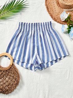 Vacation Woven Striped High Waist Loose Wide Leg Women's Shorts Blue and White    Woven Fabric  Wide Leg Non-Stretch  Women Clothing, size features are:Bust: ,Length: ,Sleeve Length: Cute Summer Fits, Summer Fits, Kids Sleepwear, White Collar, Women's Shorts, All Fashion, Women Clothing, Woven Fabric, New Look