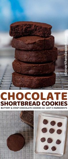 chocolate shortbread cookies are stacked on top of each other and ready to be eaten