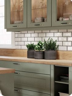 a kitchen with green cabinets and plants in pots on the counter top, along with white subway backsplash tiles