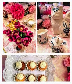 there are three pictures of cupcakes and flowers on the table with tea cups