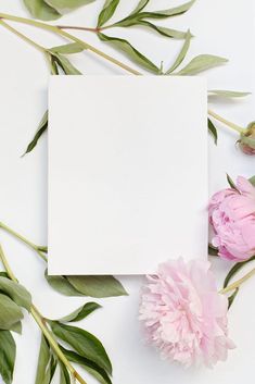 pink flowers and green leaves on a white background with an empty sheet of paper next to it