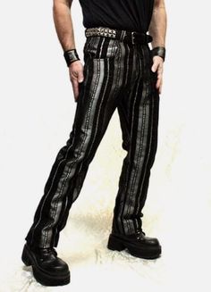 "Awesome bohemian striped rocker pants with a classic straight leg cut for special occasions or every day. Made in rich soft silver and black striped tapestry fabric with a medium rise waist and wide belt loops. Two front pockets and two back pockets with a zip fly. Black satin pocket lining inside. Comes in sizes 30, 32, 34, 36, 38, 40. These run long.. the inseam measures 35+\". Have them hemmed by your local tailor if necessary. Sweet! Actual measurements: Size 30 = Waist 31.5\" Inseam Length Slim Fit Full Length Bottoms With Belt Loops, Fitted Straight Leg Pants With Belt Loops, Fitted Black Leather Pants, Black Fitted Straight Pants, Straight Slim Fit Pants With Belt Loops, Fitted Black Work Pants, Slim Fit Straight Pants With Belt Loops, Black Fitted Straight Leg Bottoms, Black Slim Fit Wide Leg Bottoms