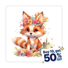 a fox with flowers on its head sitting in front of a birthday cake and candles