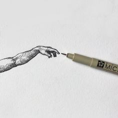 a drawing of a hand reaching out to touch someone's arm with a pen