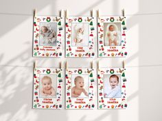 four baby pictures hanging on clothes pegs in front of a white wall with christmas decorations