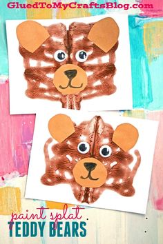 two pictures of teddy bears made out of paper with the words paint splat teddy bears