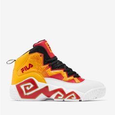 These Fila Mb Basketball Shoes Are Perfect For Any Occasion, Whether It Be Travel, Casual Wear, Or Even A Formal Event. The Shoes Are Made Of A Blended Fabric, With A Leather, Synthetic, And Textile Upper Material, And A Rubber Outsole For Durability. Featuring A Moderate Cushioning Level And Comfortable Insole, These Shoes Provide Ample Support For Any Activity, Including Basketball. The Multicolored Design, With Accents Of White, Gold, Red, And Black, Showcases The Fila Logo And Adds A Colorfu Bold High-top Sports Sneakers, Casual Multicolor Basketball Shoes With Laces, Casual Multicolor Basketball Shoes With Rubber Sole, Multicolor Sneakers With Red Sole For Streetwear, Bold Sneakers With Rubber Sole And Round Toe, Casual Multicolor Synthetic Basketball Shoes, Casual Multicolor Basketball Shoes With Round Toe, Sporty Red Basketball Shoes For Streetwear, Casual Multicolor High-top Sneakers With Red Sole