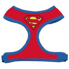 a red and blue dog harness with a superman symbol on the chest, front view