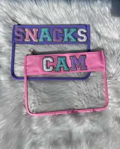 This personalized Preppy Pouch is a great gift to hold your essentials during a bachelorette weekend. Fill it with whatever fun stuff you need and take it wherever your going, around town or on a special weekend getaway. This zipper clear pouch with Chenille patches is a fun way to hold your essentials while traveling in your tote bag or travel bag. Some fun ideas to put on the top with our patches are: TRAVEL, FACE, SNACKS, MONOGRAM, or NICKNAMES. Many reasons to buy a tote bag! -Makes a great Fun School Bags With Zipper Pouch, Playful Rectangular Pouch For Personal Use, Customizable Everyday Rectangular Cosmetic Bag, Customizable Rectangular Cosmetic Bag, Personalized Zipper Pouch Bag, Personalized Rectangular Travel Cosmetic Bag, Personalized Gift Bag With Zipper, Fun Personalized Multicolor Bags, Playful Rectangular Bags With Zipper Pouch