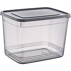 a clear plastic container with a lid on the side and a black stripe around the bottom