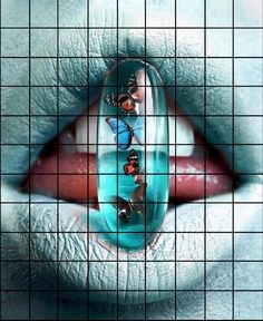 a woman's face with blue and red makeup, as seen through a grid