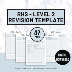 the rhs - level 2 revision template is shown in three different sizes and colors