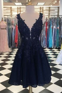 A Line V Neck Short Dark Navy Blue Lace Prom Dresses Blue Lace Prom Dress, Burgundy Homecoming Dress, Black Lace Prom Dress, Jacques Fath, Lace Shrug, Black Homecoming Dress, Balloon Dress, Cheap Homecoming Dresses, Short Prom Dresses