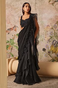 Black chiffon and organza pre-draped ruffle saree with lace, seqiuns and floral embroidery. Comes with a net padded blouse. - Aza Fashions Black Lace Saree, Black Ruffle Saree, Sarees Black, Saree Chiffon, Ridhi Mehra, Ruffle Sarees, Simple Saree Designs, Lace Saree, Ruffle Saree