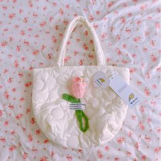 Super Cute White Puffed Bag With Flower Design Adorable & Unique Design Feel Free To Ask Any Questions Vintage Prada Bag, Patterned Backpack, Gold Bag, Tulip Flower, Black Leather Crossbody Bag, Bags Aesthetic, Zip Tote, Black Leather Tote, Pink Backpack