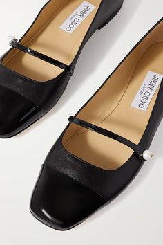 JIMMY CHOO Elisa embellished patent-trimmed leather Mary Jane flats | NET-A-PORTER Jimmy Choo Ballet Flats, Jimmy Choo Flats, Leather Mary Jane Flats, Hot Boots, Black Ballet Flats, Mary Jane Flats, Leather Mary Janes, Leather Ballet Flats, Jimmy Choo Shoes