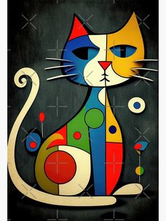 a painting of a cat sitting on top of a black background with circles and dots