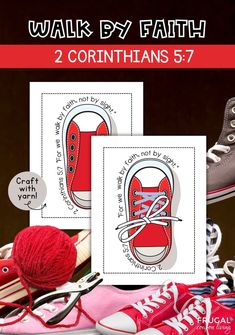 a pair of red sneakers with the words walk by faith on them and two crochet