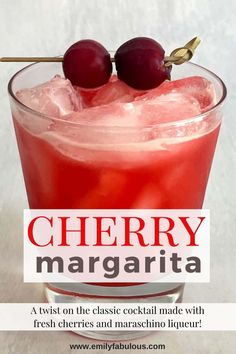 cherry margarita in a glass with ice and cherries on the rim text reads cherry margarita