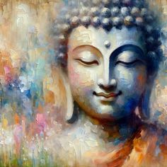 a painting of a buddha statue with its eyes closed