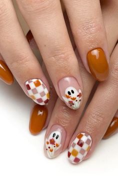 Fall Nails With Checkers, Fall Checkerboard Nails, Checkered Nail Ideas, Checker Nails, Fun Fall Nails, Construction Nails, Cute Fall Nails, September Nails, Cute Simple Nails