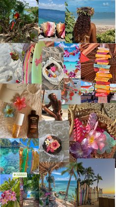 a collage of photos with flowers and beach items