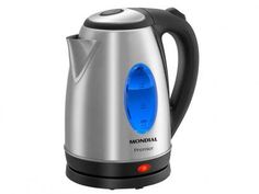 a silver and black electric kettle with blue light on the side, which reads monodial