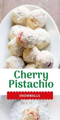 Snowball cookies with cherries Pistachio Snowball Cookies, Cherry Pistachio, Buckeye Balls, Green Jelly, Pistachio Cookies, Cherry Cookies, Maraschino Cherries, Full Recipes, Snowball Cookies