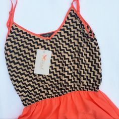 New Thml Coral Black & Tan Chevron Print Dress Brand New Condition Attached Solid Bright Coral Color Skirt Waist Is Elastic Coral Straps Are Adjustable Lightweight, Almost Sheer Dress Has No Liner Great As A Swim Cover-Up!! Measurements Shoulder: 11" Pit To Pit: 16.75" Full Length: 35.25" Trendy Orange Beach Dress, Orange Summer Sundress For Party, White Tiered Dress, White Tunic Dress, Hole Dress, Chevron Print Dresses, Thml Clothing, Yoke Dress, Sleeveless Shirt Dress