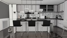 an image of a kitchen setting with black and white decor on the countertop, chairs around the bar