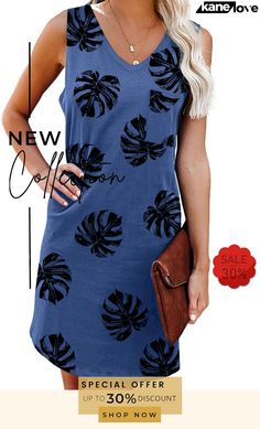 Floral Print V Neck Sleeveless Mini Dress Trendy Blue Sleeveless Dress, Trendy Sleeveless Cotton Sundress, Trendy Sleeveless Sundress For Day Out, Trendy Sleeveless Summer Dresses, Casual Sleeveless Mini Dress For Day Out, Casual Mini Length Tank Top For Summer, Casual Sleeveless Cotton Mini Dress, Trendy Sleeveless Cotton Mini Dress, Casual Sleeveless Mini Dress For Vacation