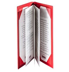 an open red book with white pages on it