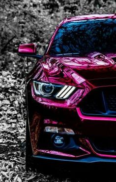 the front end of a red mustang parked on top of leaf covered ground in black and white