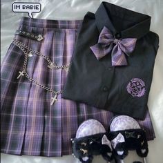 Japanese Harajuku Purple Pastel Cute Uniform (3 PCs) - Kuru Store Y2k Fashion Aesthetic, Skirt School, Preppy Mode, School Uniform Skirts, Y2k Aesthetic Fashion, Purple Bow, Japanese Harajuku, Blouse Purple, Purple Bows