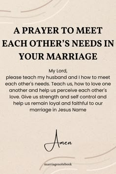 a prayer card with the words, a prayer to meet each other's needs in your marriage