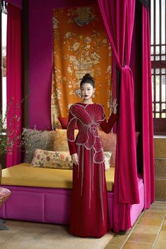 Brillia Sheath Stone Velvet Satin Floor Length Ao Dai | MEAN BLVD Red Meaning, Mean Blvd, Dress Drape, Boat Neckline, Crystal Embellishment, Embellished Dress, Independent Designers Fashion, Modern Fashion, Designer Collection