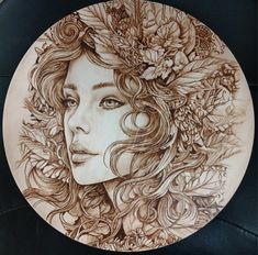 a drawing of a woman's face with flowers in her hair on a plate