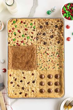 an overhead view of a cookie sheet with candy bars