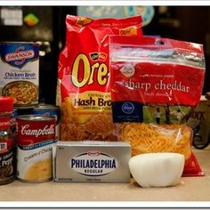 an assortment of food items sitting on top of a counter