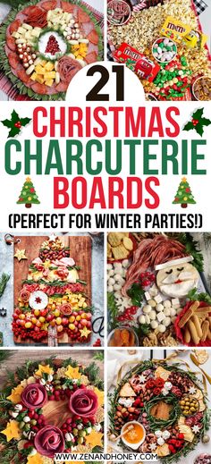 twelve christmas charcuteries with the words, 21 christmas charcuteries boards perfect for winter parties