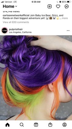 Orange Purple Green Hair, Vivid Hair Colors For Fall, How To Split Dye Hair, Crazy Color Hair Ideas Short, Splotchy Hair Color, Beetlejuice Hair Color, Easy At Home Hair Dye Ideas, Yellow And Purple Hair