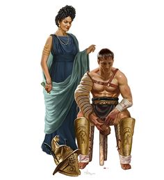 an image of a man and woman dressed in roman garb with armor on their knees