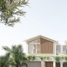 an artist's rendering of a house with palm trees in the front and side