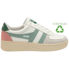 Buy Gola womens Grandslam Trident sneakers in white/green mist at gola Sporty Low-top Sneakers From Recycled Materials, Sporty Low-top Sneakers With Recycled Materials, Green Sneakers With Gum Sole For Casual Sports, Green Sneakers With Gum Sole For Light Sports, Sporty High-top Sneakers With Gum Sole For Light Sports, Sporty Sneakers With Speckled Midsole For Light Sports, Sporty Sneakers With Gum Sole, Happy Shoes, Green Leather