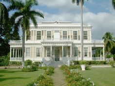 a large white house with palm trees in the front yard and walkway leading up to it